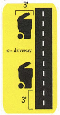 Diagram showing two trash carts positioned along the street with 3 feet of clearance between carts and 3 feet from the driveway. Diagram showing two trash carts